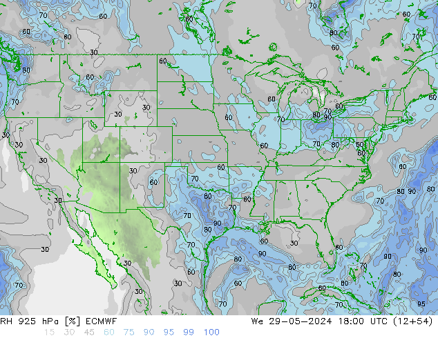 Humidité rel. 925 hPa ECMWF mer 29.05.2024 18 UTC