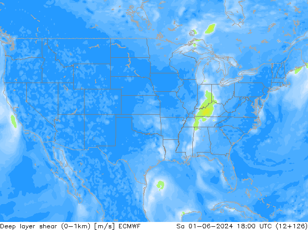 Deep layer shear (0-1km) ECMWF so. 01.06.2024 18 UTC