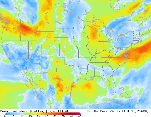 Deep layer shear (0-6km) ECMWF jeu 30.05.2024 06 UTC