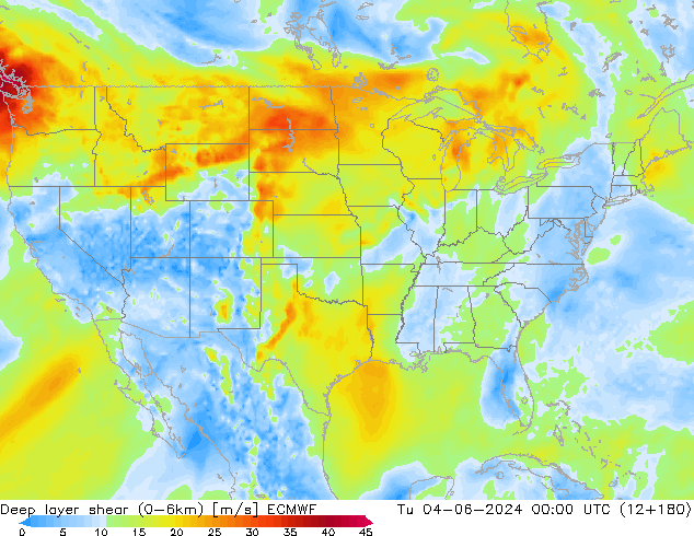 Deep layer shear (0-6km) ECMWF wto. 04.06.2024 00 UTC