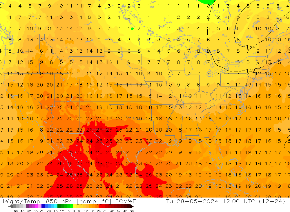 Géop./Temp. 850 hPa ECMWF mar 28.05.2024 12 UTC