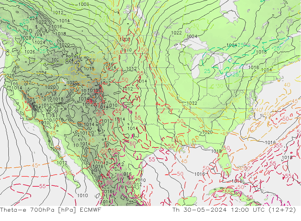 Theta-e 700hPa ECMWF Čt 30.05.2024 12 UTC