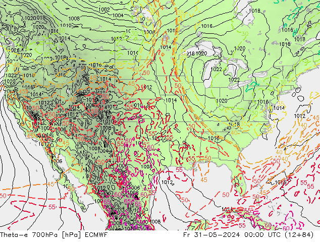 Theta-e 700hPa ECMWF Fr 31.05.2024 00 UTC