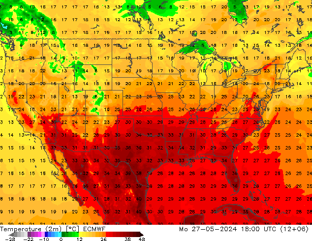 Temperature (2m) ECMWF Po 27.05.2024 18 UTC