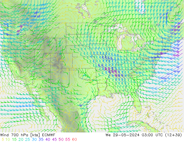 Vento 700 hPa ECMWF Qua 29.05.2024 03 UTC