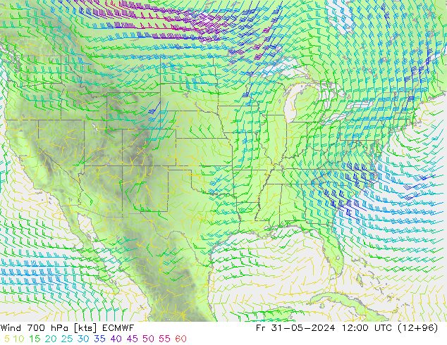 wiatr 700 hPa ECMWF pt. 31.05.2024 12 UTC