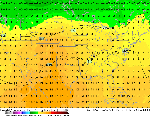 Geop./Temp. 700 hPa ECMWF dom 02.06.2024 12 UTC