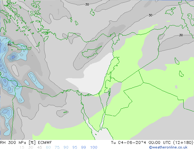 RH 300 hPa ECMWF Tu 04.06.2024 00 UTC