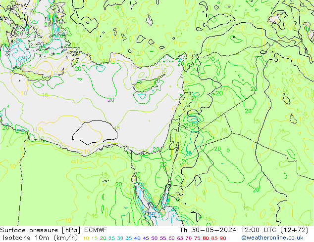 Isotachs (kph) ECMWF Th 30.05.2024 12 UTC