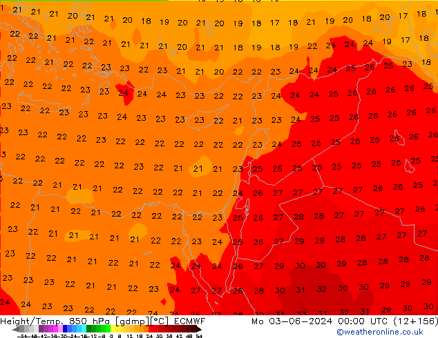 Geop./Temp. 850 hPa ECMWF lun 03.06.2024 00 UTC