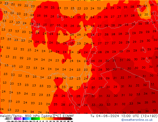 Height/Temp. 850 hPa ECMWF Ter 04.06.2024 12 UTC