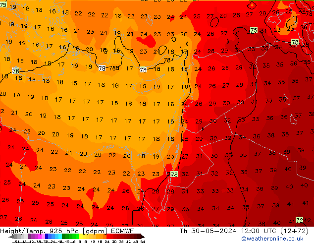 Height/Temp. 925 hPa ECMWF Th 30.05.2024 12 UTC