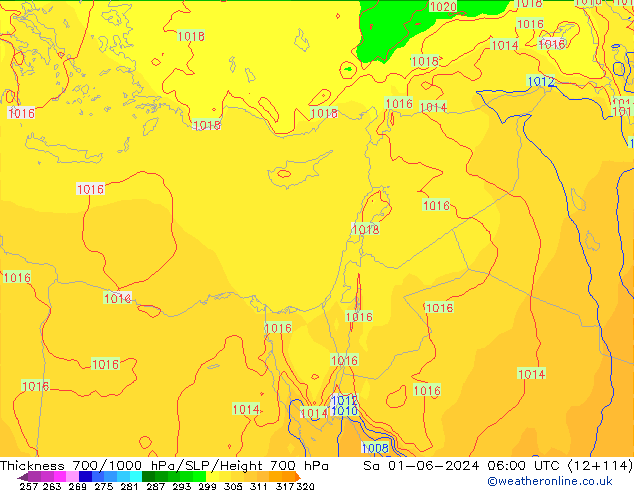 Espesor 700-1000 hPa ECMWF sáb 01.06.2024 06 UTC