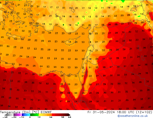 Temperatuurkaart (2m) ECMWF vr 31.05.2024 18 UTC