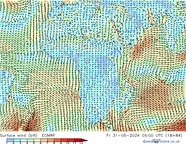 wiatr 10 m (bft) ECMWF pt. 31.05.2024 06 UTC