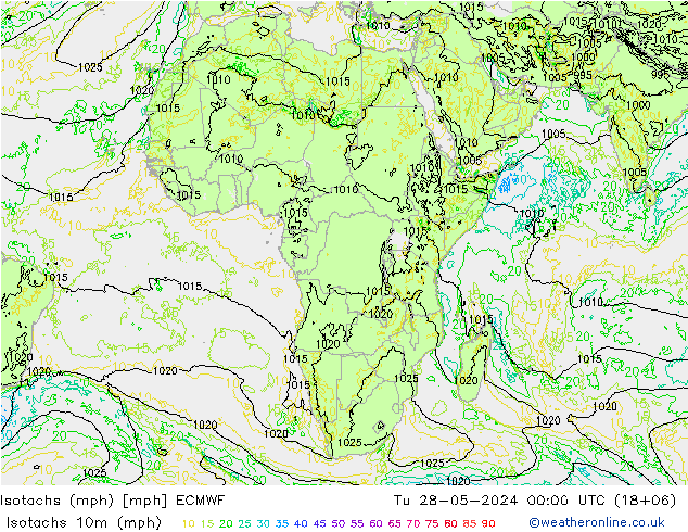 Isotachs (mph) ECMWF Út 28.05.2024 00 UTC