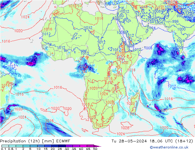 Precipitation (12h) ECMWF Út 28.05.2024 06 UTC