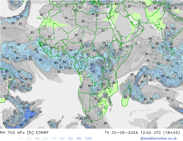 Humidité rel. 700 hPa ECMWF jeu 30.05.2024 12 UTC