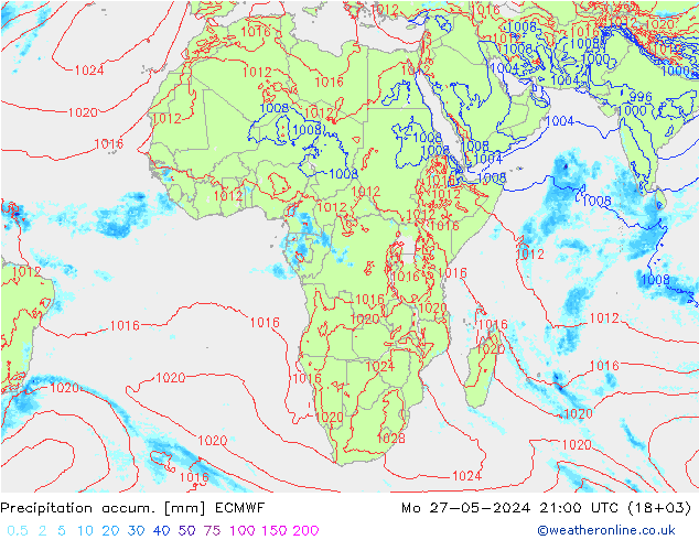 Precipitation accum. ECMWF pon. 27.05.2024 21 UTC