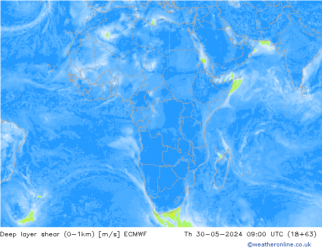 Deep layer shear (0-1km) ECMWF Qui 30.05.2024 09 UTC
