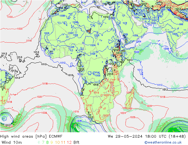 High wind areas ECMWF We 29.05.2024 18 UTC