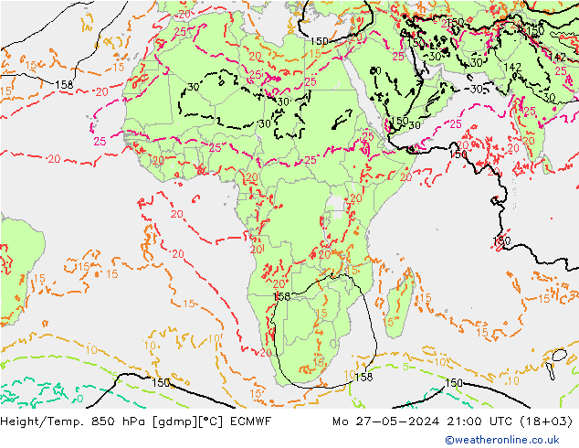 Height/Temp. 850 hPa ECMWF Seg 27.05.2024 21 UTC