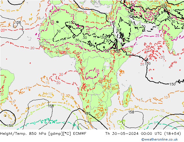 Height/Temp. 850 hPa ECMWF Qui 30.05.2024 00 UTC