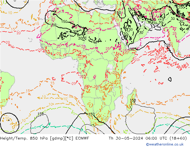 Z500/Rain (+SLP)/Z850 ECMWF Čt 30.05.2024 06 UTC