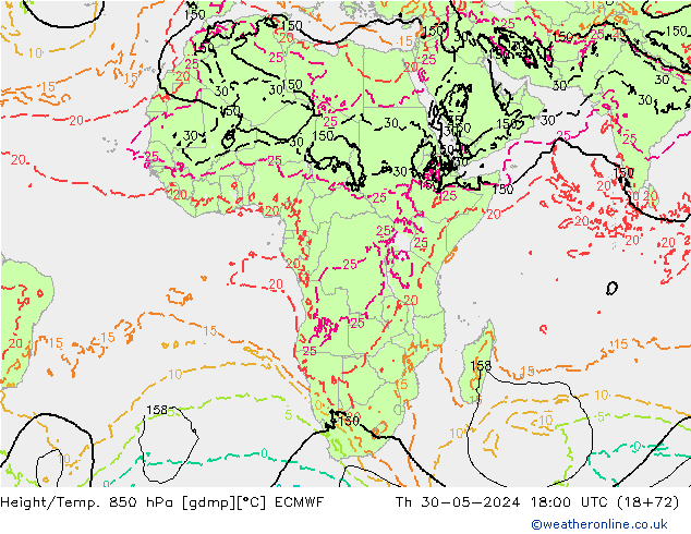 Z500/Rain (+SLP)/Z850 ECMWF gio 30.05.2024 18 UTC