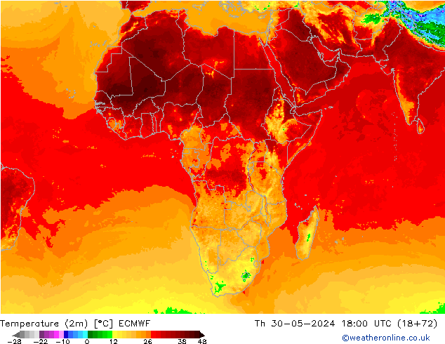 Temperaturkarte (2m) ECMWF Do 30.05.2024 18 UTC