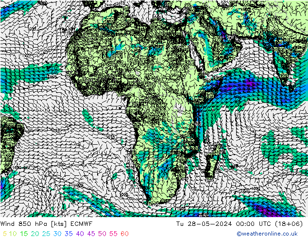 Wind 850 hPa ECMWF Út 28.05.2024 00 UTC