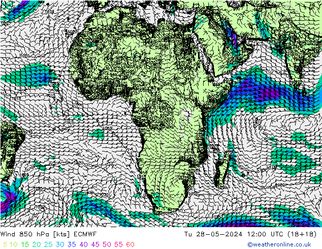 Wind 850 hPa ECMWF Tu 28.05.2024 12 UTC