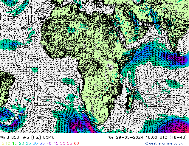 Wind 850 hPa ECMWF We 29.05.2024 18 UTC