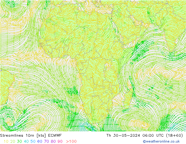 Streamlines 10m ECMWF Čt 30.05.2024 06 UTC