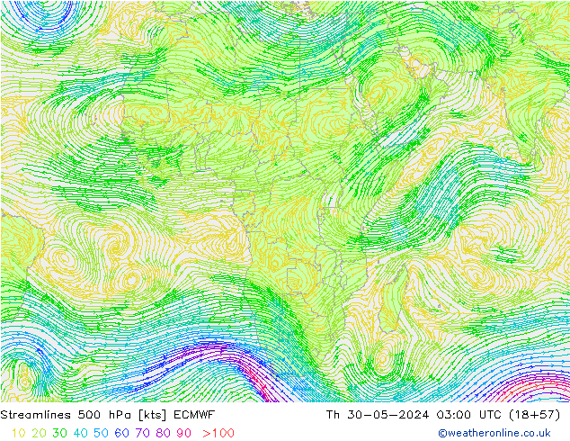 Streamlines 500 hPa ECMWF Th 30.05.2024 03 UTC