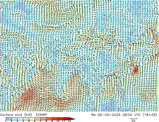 Viento 10 m (bft) ECMWF mié 29.05.2024 09 UTC