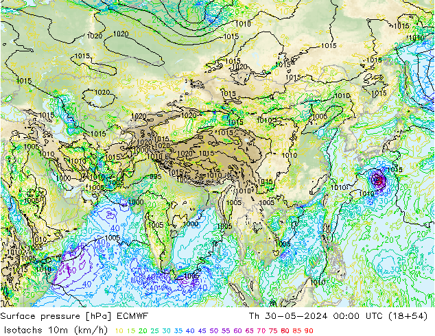 Isotachs (kph) ECMWF Čt 30.05.2024 00 UTC