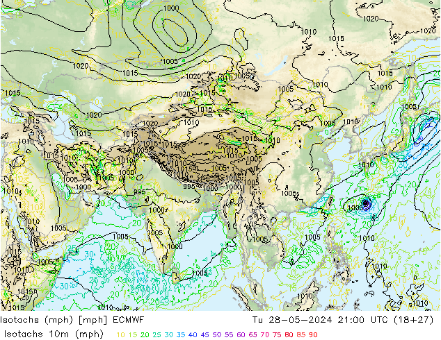 Isotachs (mph) ECMWF вт 28.05.2024 21 UTC