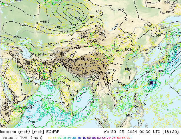 Isotachs (mph) ECMWF mer 29.05.2024 00 UTC