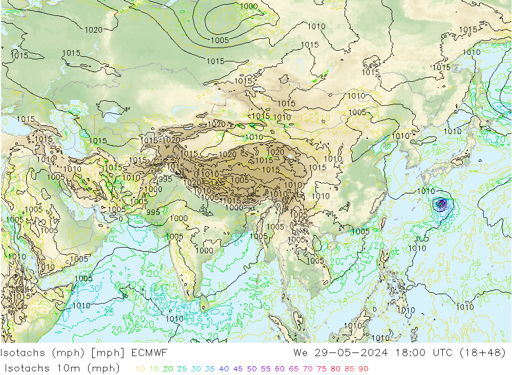 Isotachen (mph) ECMWF wo 29.05.2024 18 UTC