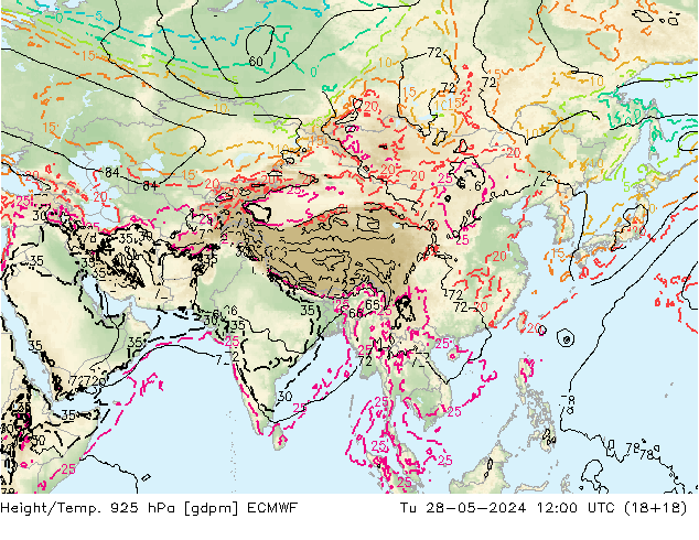 Height/Temp. 925 hPa ECMWF Tu 28.05.2024 12 UTC