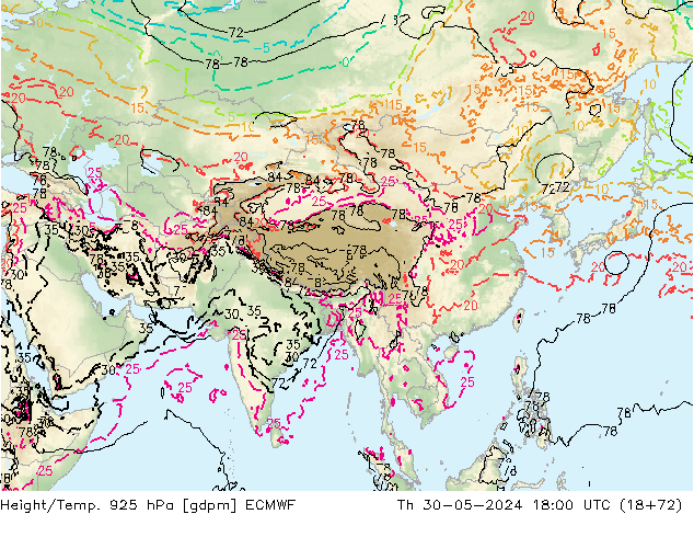 Geop./Temp. 925 hPa ECMWF jue 30.05.2024 18 UTC