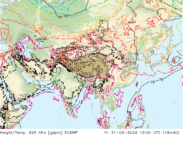 Hoogte/Temp. 925 hPa ECMWF vr 31.05.2024 12 UTC