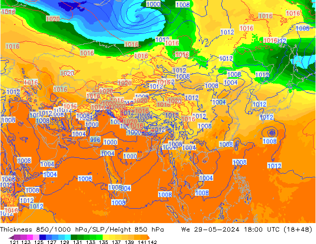 Thck 850-1000 hPa ECMWF mer 29.05.2024 18 UTC