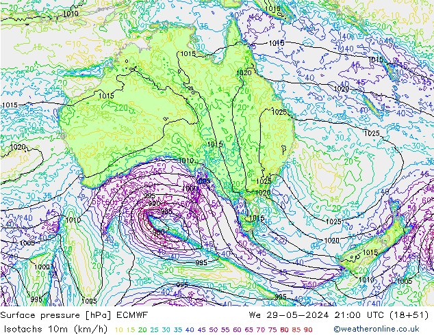 Isotachen (km/h) ECMWF wo 29.05.2024 21 UTC