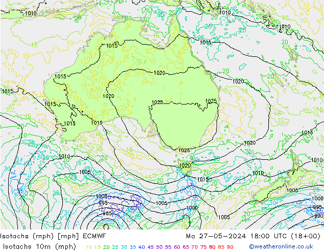 Isotachs (mph) ECMWF Mo 27.05.2024 18 UTC