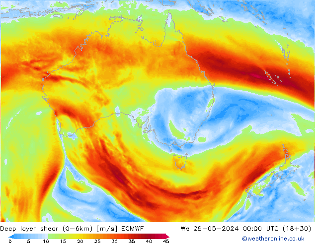 Deep layer shear (0-6km) ECMWF wo 29.05.2024 00 UTC