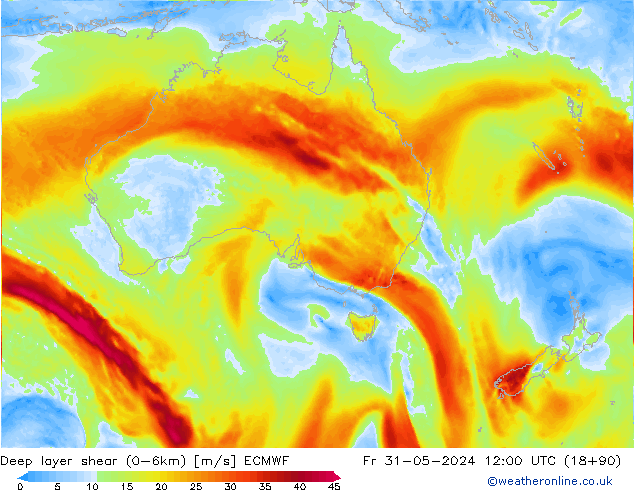 Deep layer shear (0-6km) ECMWF Fr 31.05.2024 12 UTC