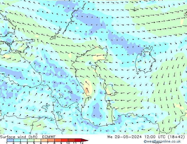 Vent 10 m (bft) ECMWF mer 29.05.2024 12 UTC