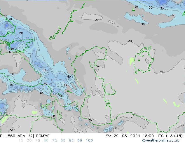 Humedad rel. 850hPa ECMWF mié 29.05.2024 18 UTC